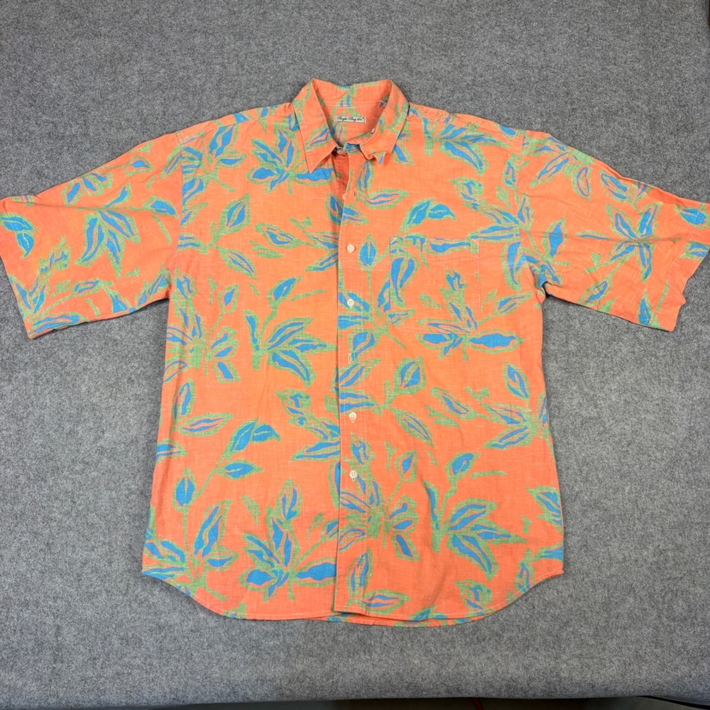 Vintage Bugle Boy Co Mens Orange Tropical Leaf Print Cotton Button Down Shirt L